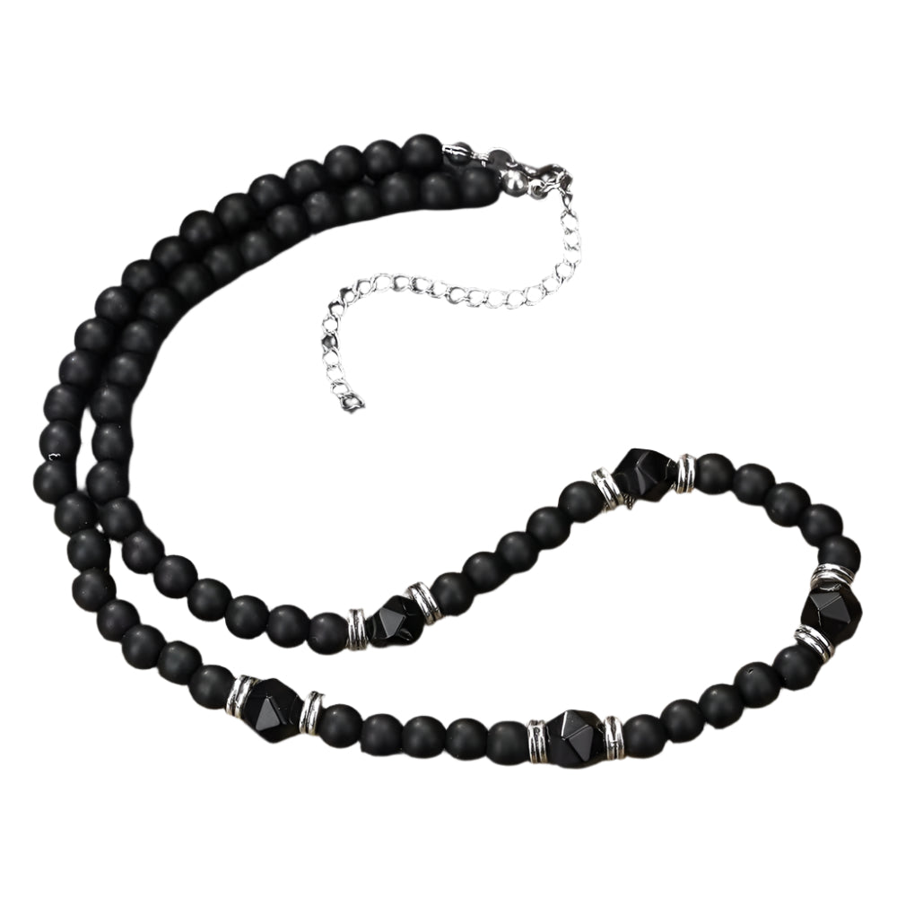 New in Beaded Necklace for Men Hip Hop Niche Punk Stainless Steel Black Frosted Cut Black Agate Collarbone Chain Jewelry