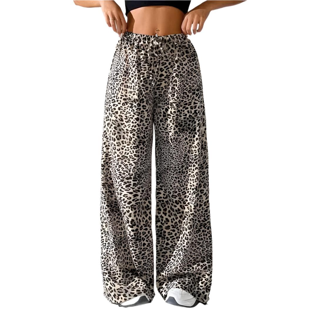 Leopard Print Wide Leg Pants Women Autumn Winter 2025 Y2K Clothes Elastic High Waist Floor Lenth Trousers Streetwear
