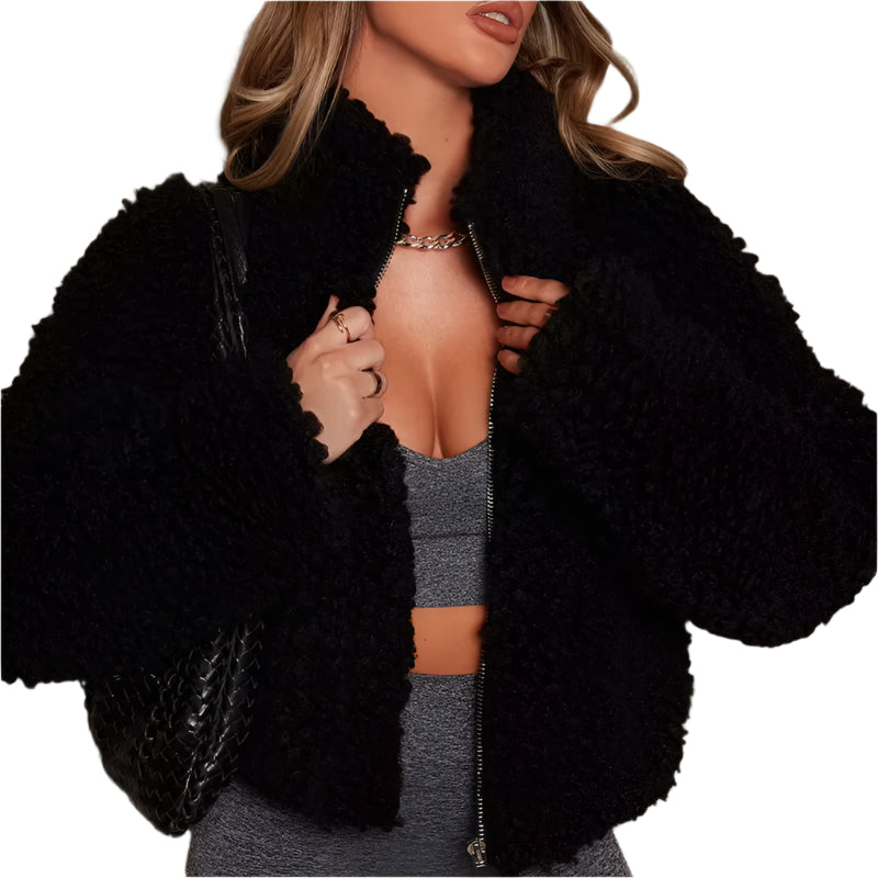 Winter Lamb Wool Short Coat for Women Thicken Warm Long Sleeve Turtleneck Jackets 2023 Autumn Fashion Streetwear Ladies Overcoat