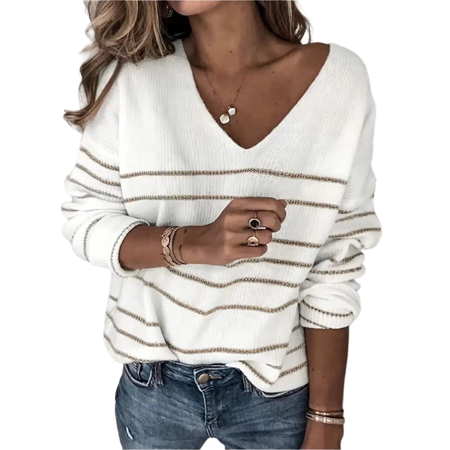 V Neck Holiday Woman Sweaters Pullovers Knitwear Metal Striped Autumn Jumper Long Sleeve Slim Women'S Sweater