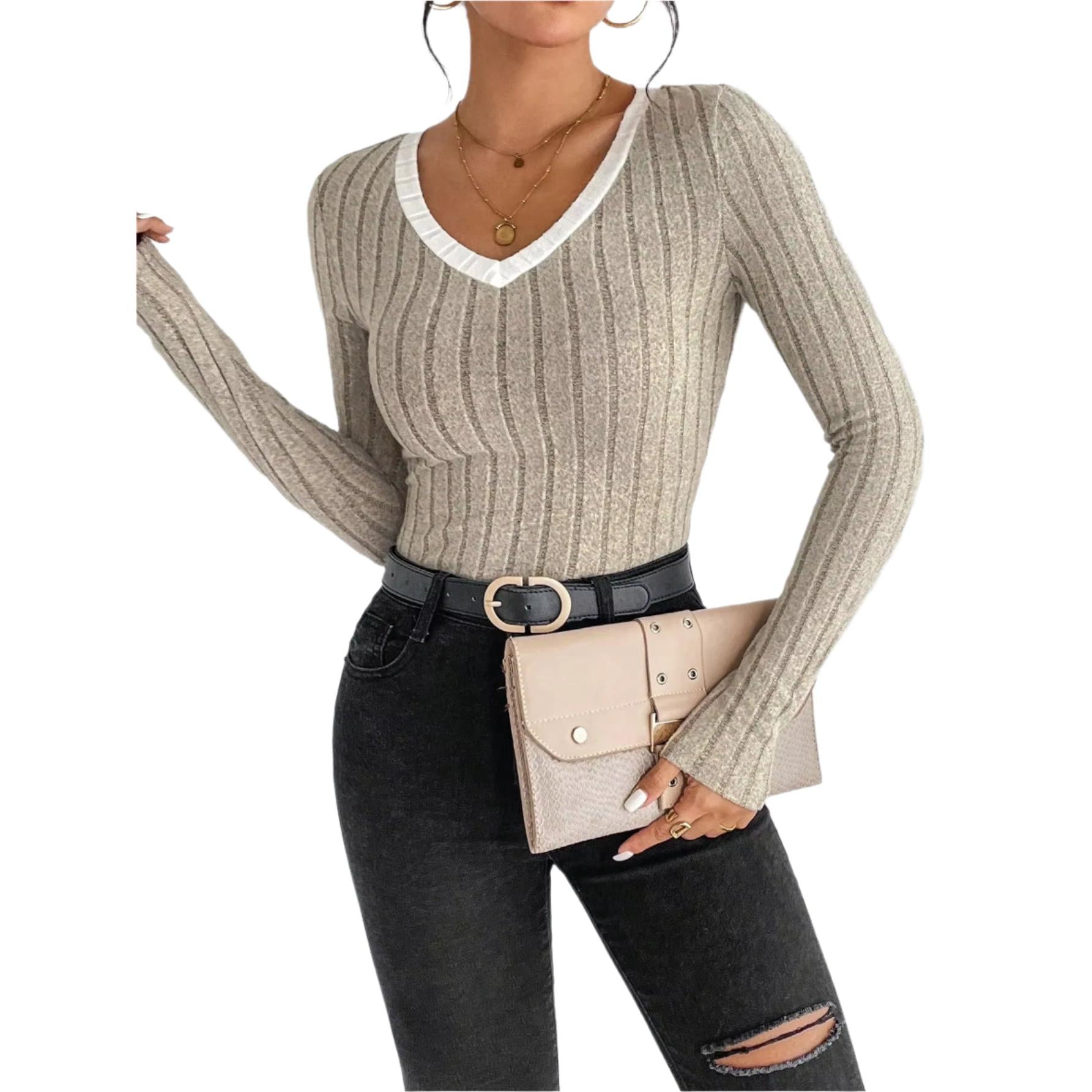 Women'S Slim Sexy Knit Long Sleeve Top Women'S V-Neck Neck Edge Clash Top New Autumn and Winter Women'S Casual Pullover