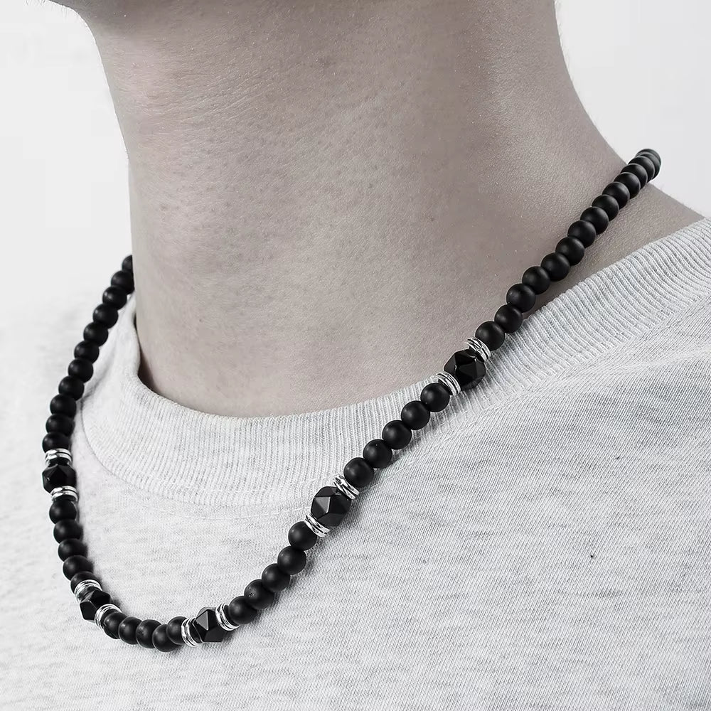 New in Beaded Necklace for Men Hip Hop Niche Punk Stainless Steel Black Frosted Cut Black Agate Collarbone Chain Jewelry