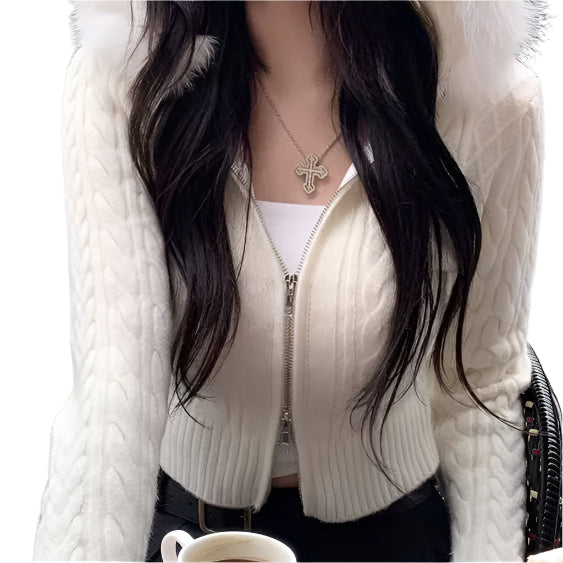 Beige Furry Trim Hooded Cropped Sweater Cardigan Women Long Sleeve Zipper Outerwear Autumn Winter Coat Coquette Korean