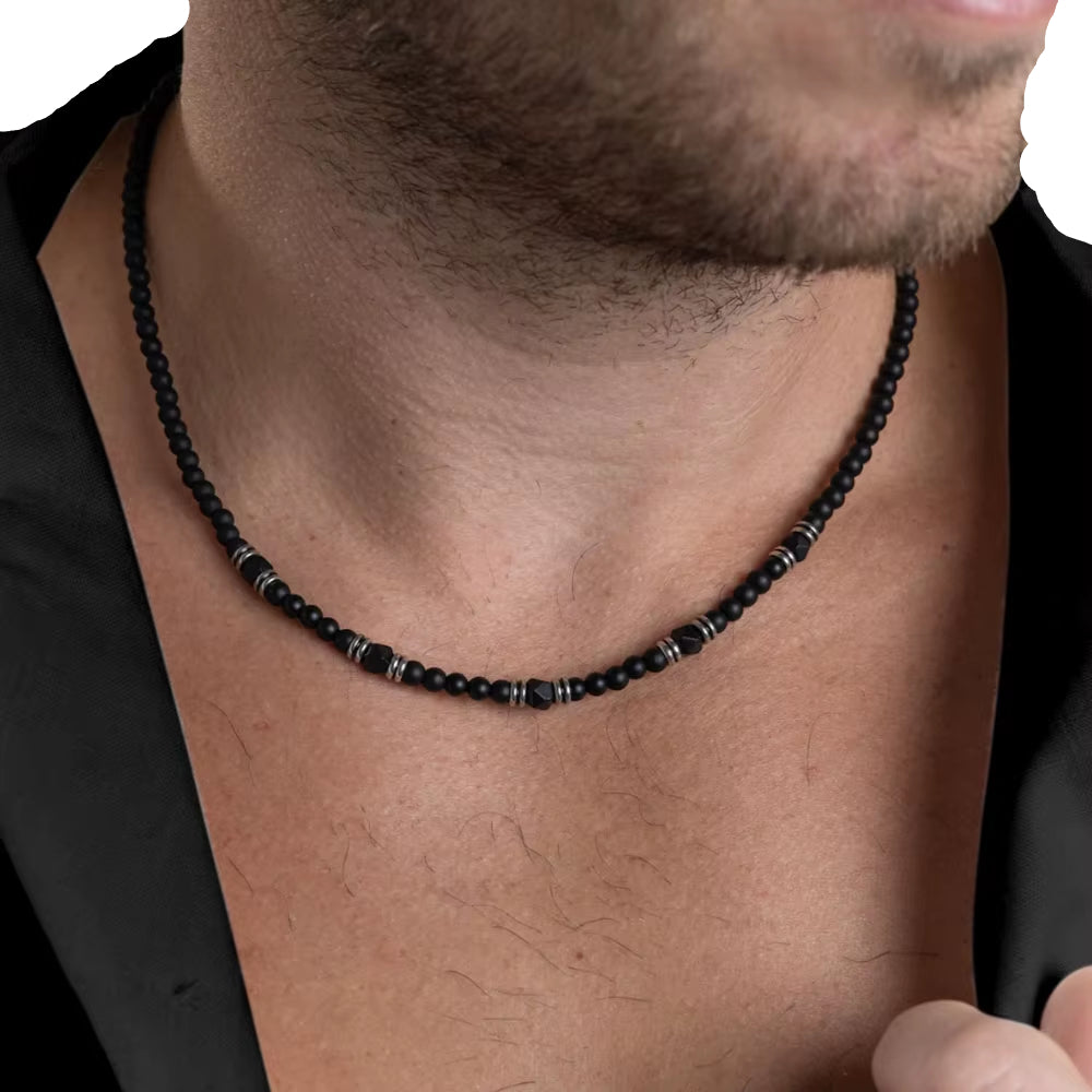 New in Beaded Necklace for Men Hip Hop Niche Punk Stainless Steel Black Frosted Cut Black Agate Collarbone Chain Jewelry