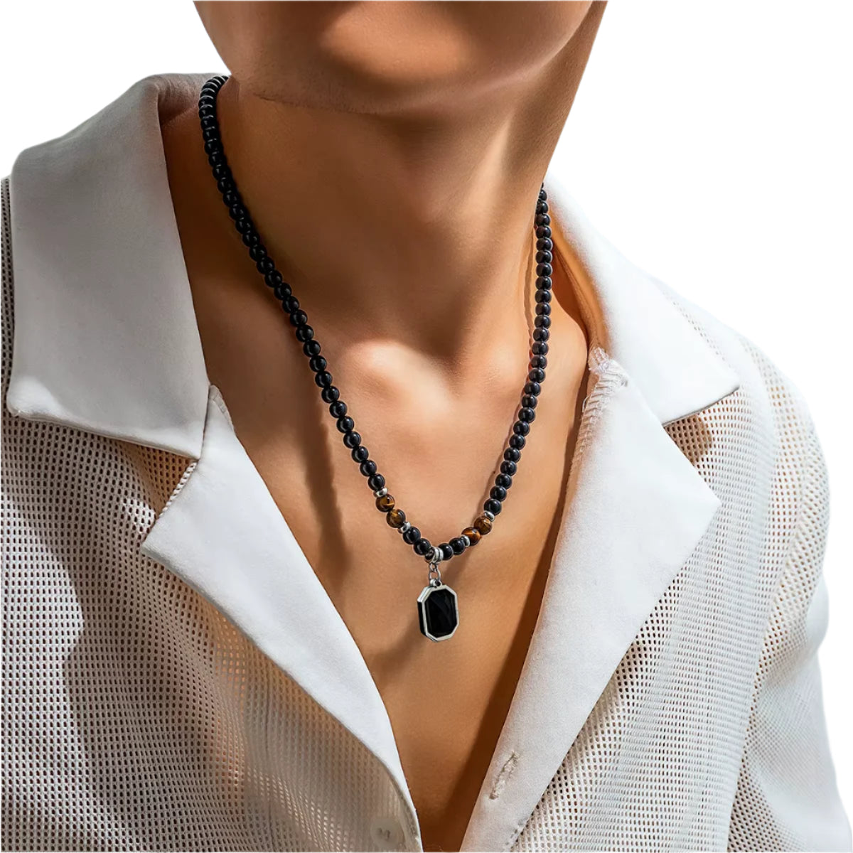 Black Beads with Square Pendant Necklace for Men Trendy Accessories on the Neck Collar 2023 Fashion Jewelry Male Gift Decoration