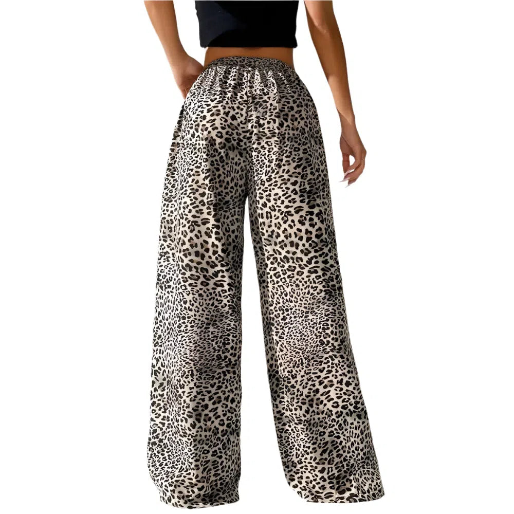 Leopard Print Wide Leg Pants Women Autumn Winter 2025 Y2K Clothes Elastic High Waist Floor Lenth Trousers Streetwear