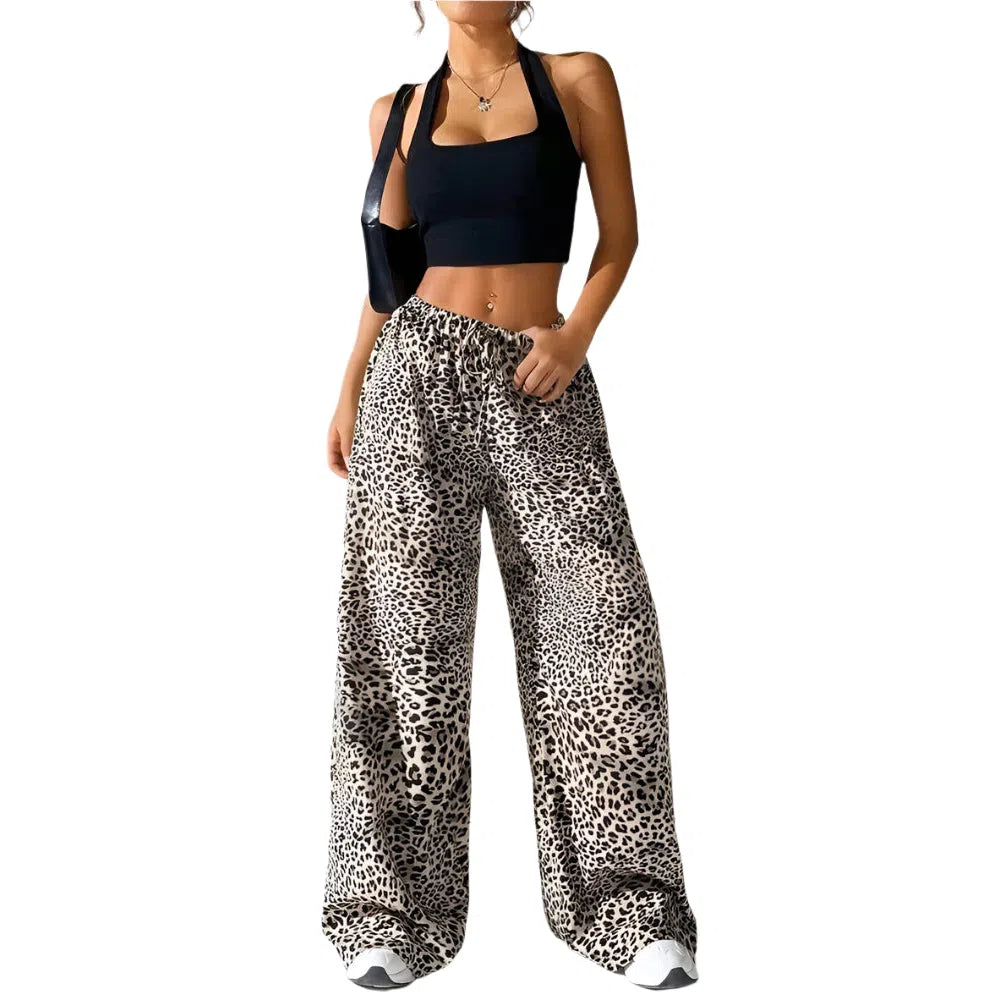Leopard Print Wide Leg Pants Women Autumn Winter 2025 Y2K Clothes Elastic High Waist Floor Lenth Trousers Streetwear