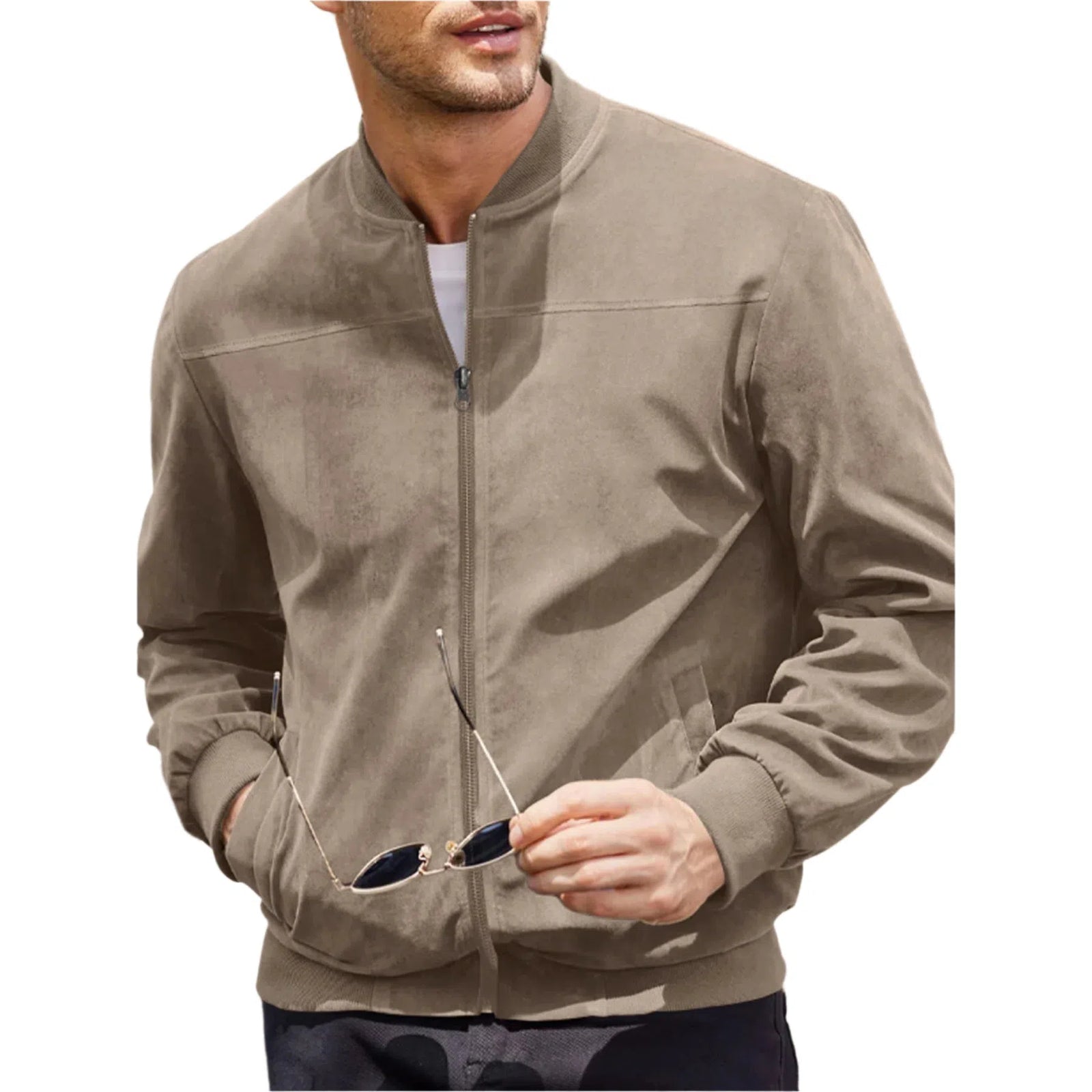 Men'S Heavy Velvet Fabric Casual Jacket round Neck Zipper Solid Color Sport Bomber Jacket Casual Edition Sports and Golf Fashion