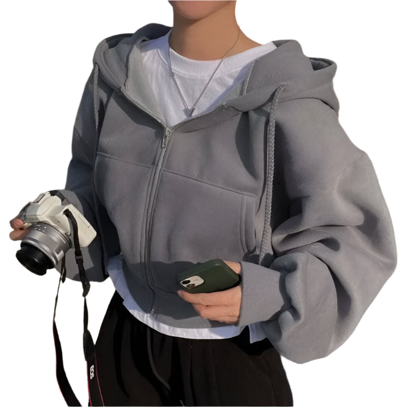 Autumn Winter New Insfleece-Lined Versatile Cropped Slims Smooths Silhouette Zip-Up Warm Navy Blue Hooded Sweatshirt Women